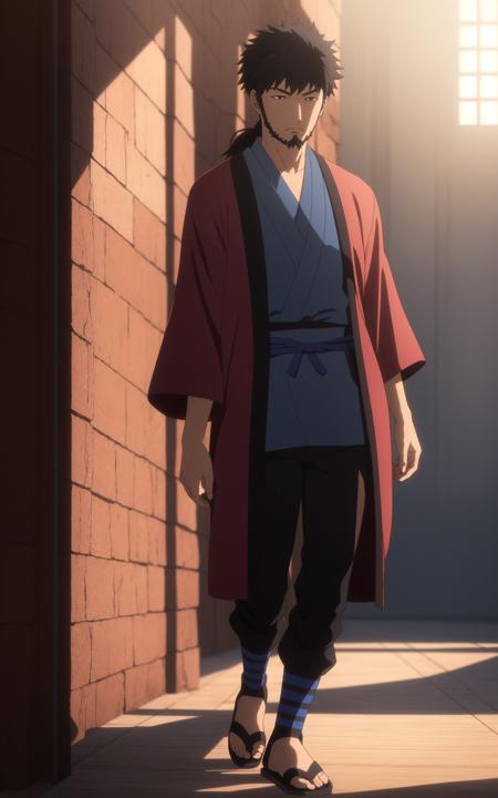 kyma, a man, tanned skin, short spiky black hair, short ponytail, sideburns, small beard with a goatee, red happi festival coat, blue gi, black and gray-striped obi sash, black pants, sandals with black socks and blue straps, dancing, 8k, Unreal Engine 5, octane render, by seunghee lee, Jang Tae-Hwan, Chocofing R, seungho lee, trending on pixiv, fanbox, skeb, masterpiece, smooth soft skin, big dreamy eyes, beautiful intricate colored hair, symmetrical, anime wide eyes, soft lighting, concept art, digital painting, <lora:kyma:0.4>