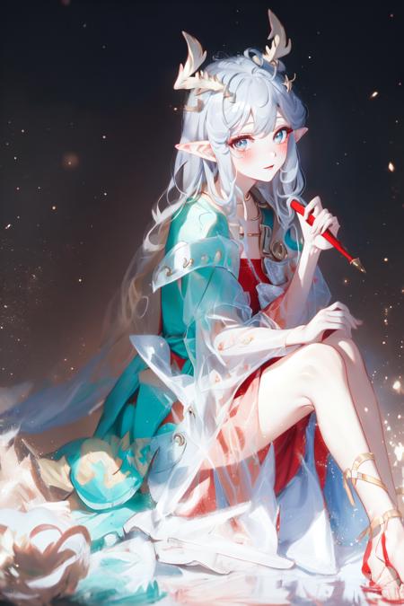 masterpiece, best quality,
solo,blush,
full body,
1gir,yaoyao,silver hair,dress,pointy ears,blue capelet,(white horns:1.2),bow,
sitting, looking at viewer,
white simple background, 
<lora:yaoyao_v0.4:1>