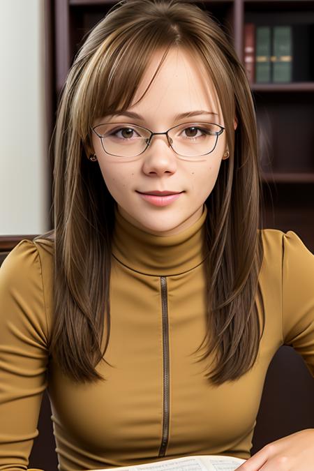 a photo of  AM149_Anna_Jitkova,
25 years old woman in (thick frame glasses) weared (long-sleeve high neck dress:1.2)
sitting at the table in the library, <lora:LowRA:0.3>,
soft light, golden hour, cheerful mood, shoulder shot, close up, 
4k textures, natural skin texture, skin pores, adobe lightroom, photolab, intricate, highly detailed, sharp focus, professional photo, insane details, intricate details, hyperdetailed, hyperrealistic