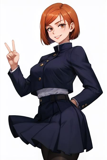 <lora:JJK_Nobara-DEF:0.7> nobara, solo, short hair, jacket, peace hand gesture, smile, overhang, uniform, skirt, pantyhose, cowboy shot, white background, perfect, sharp, masterpiece, detailed, high resolution, best quality,