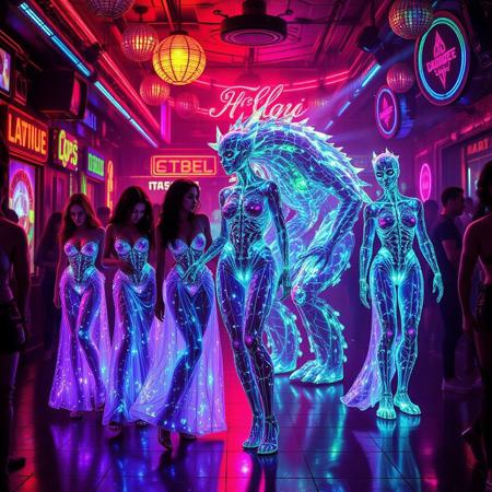 A vivid, cinematic strip club scene, illuminated by the pulsating neon lights that cast an ethereal glow on the bioluminescent patrons. In the center of this vibrant tableau, a stunning 32k masterpiece unfolds in a series of manga panels, each depicting a unique transformation sequence of five female Archaea and five male Kaiju. The females, with their translucent bodies revealing intricate bioluminescent veins, wear shimmering glass-like robes that seem to shatter and reassemble as they dance, each movement creating mesmerizing patterns of light. Their male counterparts, the protozoan Kaiju, stand tall and powerful, their bioluminescence glowing in stark contrast to their rugged, monstrous forms. The club is alive with the electric energy of 16k hyper-realistic, animated figures moving in the background, all sharing the same translucent, neon aesthetic.