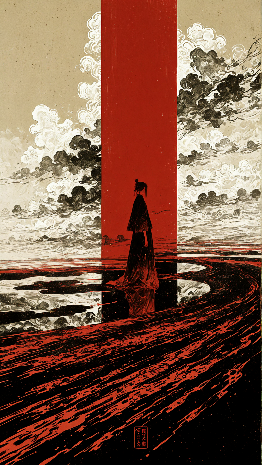 A lone figure in loose clothing standing on a vast flat landscape, rendered in black silhouette against a vertical red stripe that runs through the center of the composition. Turbulent white and gray clouds swirl dramatically on both sides of the red central band. Below the figure, the lower portion shows black ground with dynamic red streaks and puddles of water reflecting the sky above. The artwork uses a limited color palette of cream, black, red, and white, with nondescript writing visible at the bottom. 