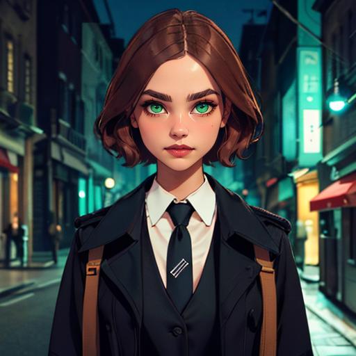 A woman in a black jacket and a black tie is standing on a city street at night.