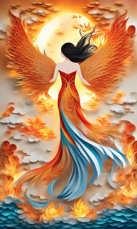 yanzhi,Diffractive Paper Artwork，A maiden dressed in a gorgeous dress, surrounded by water and fire and wings as behind, Softlight,(warm color:1.2),Water color painting,light background,best quality exquisite details,(3d rendering:1.35),Octane render,pastel,