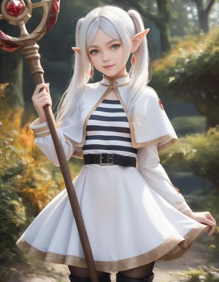 frieren,green eyes,dangle earrings,drop earrings,elf,grey hair,long hair,parted bangs,pointy ears,twintails,white hair, black belt,(black pantyhose),white capelet,white dress,jewelry,long sleeves,red gemstone,white skirt,(striped shirt:1.1), boots, holding staff,mage staff