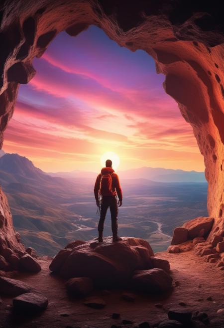 photograph Dramatic View of Adventurous Man standing inside a rocky and rugged cave looking over the Mountain Landscape. 3d Rendering. Colorful Sunrise Sky. Adventure Concept Artwork