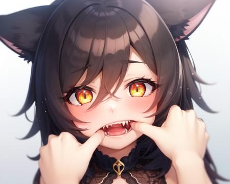 <lora:[AOM2] Fang Inspection Day:1>(fiday)(1girl,catgirl), looking at viewer, pov, pov hands, open mouth, finger in another's mouth,fangs, short black hair, cat ears, yellow eyes, slit pupils