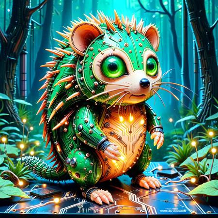 Concept: PCB Hedgehog, Cybernetic Animal, Tech Creature, Electronic Pet, Digital Fauna, Spiky Robot.
Style: pcb_style, circuit board art, technical design, electronic aesthetic, glowing circuits, wireframe effect, digital lines, futuristic tech, schematic patterns, highly detailed.
Animal Details: cute hedgehog, small, spiky, glowing body (PCB), translucent skin, intricate circuitry, copper traces, solder pads, microchips, LEDs, optical fiber quills, metallic accents, organic yet mechanical, sleek, adorable, big eyes (luminous).
Effects: internal light, pulsing glow, bright light trails from quills, digital shimmer, energy flow, translucent effects, reflections on metallic parts, crisp lines, subtle electrical sparks, scanning lights from quills, glowing spines.
Colors/Hues: dominant greens (classic PCB), blues, subtle browns, with bright highlights of white, yellow, orange for LEDs and energy; metallic copper, dark silver for traces and components. Warm, friendly tones.
Background: digital forest, abstract circuit board landscape, glowing grid, data streams, futuristic nature, dark void.
Style: cute sci-fi art, creature design, conceptual art, technical illustration, highly detailed, atmospheric, futuristic, intricate, captivating, sleek, charming.