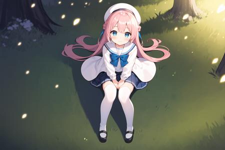 official art, illustration,wallpaper,night,full shot,full body,perspective,Japanese fantasy,Huge trees,The night sky is illuminated,A clearing in a dark green forest full of legendary ancient poetry,Notes and fireflies,An epic picture,The girl sat on the grass, Looking up at the distance in the sky,panorama,wide shot,from above,vanishing point,distant view,upskirt,A dull night,1girl,long hair, pink hair, french braid, azure-blue eyes,cute face,cute,solo,(hair between eyes:0.3),:i,glass,sailor shirt, pleated skirt, semi-open coat, white beret with (blue and white stripe bow), mary janes,white legwear,the girl is as lovely as a doll,