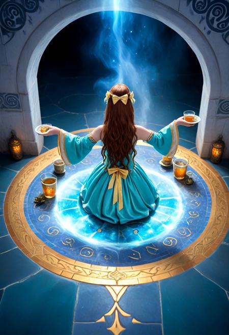 (anime coloring, anime screencap), KanzakiaoiTB, Atai, lazyup, 
ancient gate of light, rune-covered archway, celestial floor tiles, floating tea cups  
dim starlight, radiant arcane glow, swirling mists  
rear view, high angle, full-body, focus on hands  
arms extended, offering tea to portal, peaceful determination  
slim, large breasts, long hair, blue eyes, hair bow  
ceremonial dress, gold thread, silk layers, enchanted texture  
floating runes around teacup, light from portal reflecting in steam, glowing mint essence