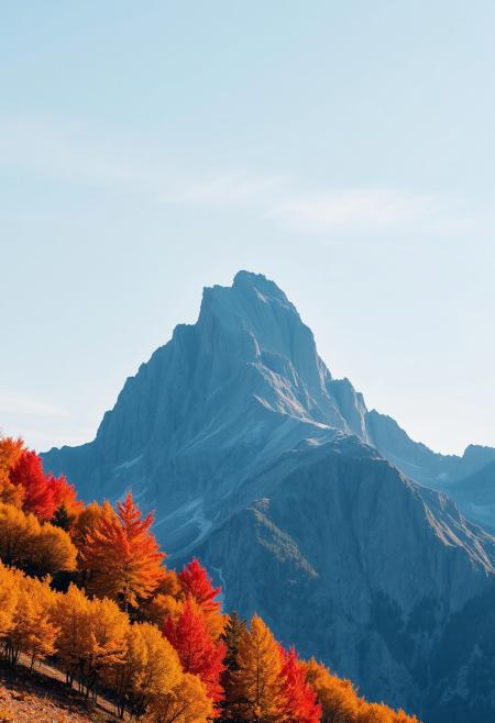 Award-winning photography, towering mountain peak, autumn scenery with vibrant fall colors, clear sky with no clouds, crisp atmosphere, golden and red leaves, sharp mountain textures, dramatic sunlight, wide-angle shot, professional composition, serene and peaceful.