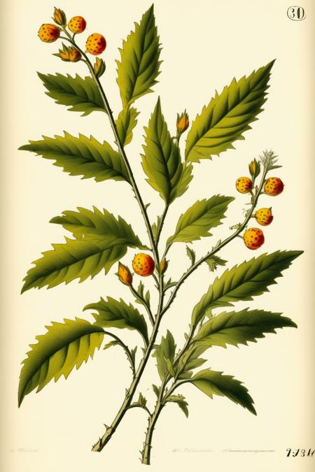 <lora:Century Botanical Illustration:1>Century Botanical Illustration - Generate a close-up illustration of a branch of spotted serrate leaves in the style of Pierre-Joseph Redout. The branch has thorns. The leaf should be the main subject, prominently displayed on a blank background. Please exclude any flower heads and petals from the image. Emphasize the fine details of the leaves, capturing its delicate beauty and intricate structure. The illustration should showcase vibrant colors and highlight the unique characteristics of the leaves.