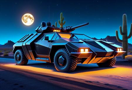 vibrant colors, shiny_skin, prefect lighting, detailed image, snoozing, masterpiece, best quality, highly detailed, ultra quality, 3DMM, 
((ObsidianSand, Obsidian, Sand), 
(Armored vehicle), 
On the road, outdoors, neon lights, glowing, desert, cactus, tree, night, moon, moonlight,