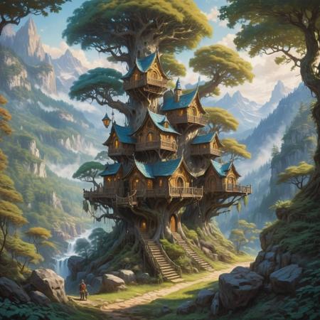 ornate (treehouses) rest in the trunks and branches of the forest in a fairytale woodland village, Elven architecture blending with nature, valley, matte painting, highly detailed, dynamic lighting, cinematic, detailed, [color Ink wash painting], denoised, 4K, 8K, (extremely intricate:1.04), vibrant colors, (beautiful scenery:1.08), (detailed scenery:1.08), (intricate scenery:1.07), <lora:FaeTastic:0.6>