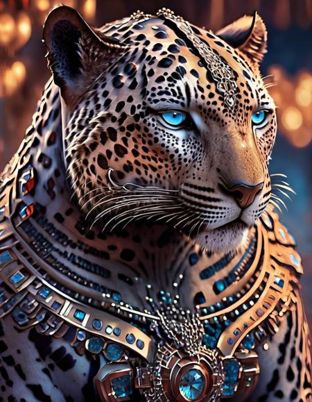 cinematic photo no humans, jaguar, blue eyes, glowing eyes, blurry background, jewelry, gem, signature, upper body, animal, looking at viewer, chain, Feline, intricate, elegant, highly detailed, colorful, vivid color, epic, cinematic, light, shining, iconic, fine detail, professional, awesome, expressive, calm, thoughtful, warm, vibrant
 <lora:FelineCraft-000007:1>, , <lora:FILM_PHOTOGRAPHY_STYLE:0.25> . 35mm photograph, film, bokeh, professional, 4k, highly detailed