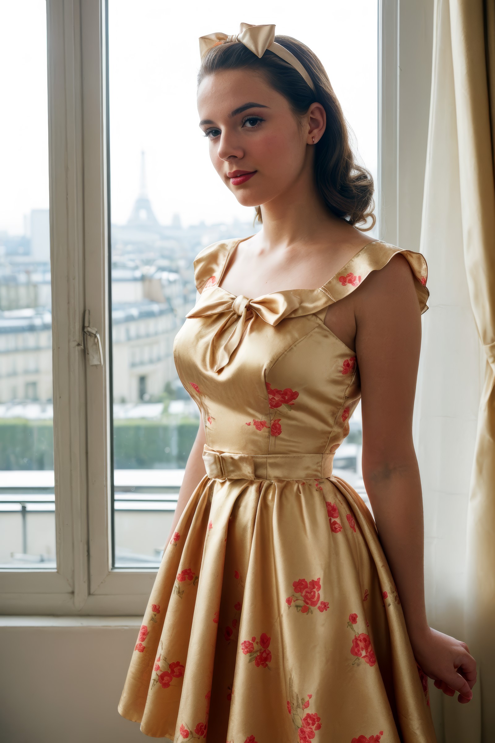 (1950s style:1.2), a beautiful young woman, satin dress with flowers print and (ribbon in her hair:1.1), standing in front...