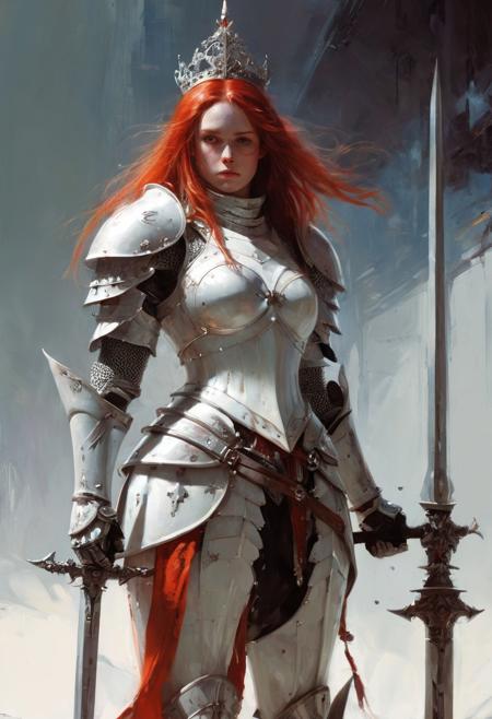 1girl, solo, knight, armor, full body, long hair, red hair, crown, mace, weapon, white armor, holy, radiant, detailed, standing, strong, powerful, confident, elegant, regal, fantasy, medieval, high contrast, sharp focus, intricate design, metal armor, chivalry, heroic, noble, warrior,John Berkey Style page