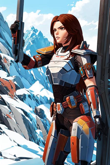 shaevizla, mandalorian armor, long hair, reddish brown hair, brown eyes, armor, power armor helmet