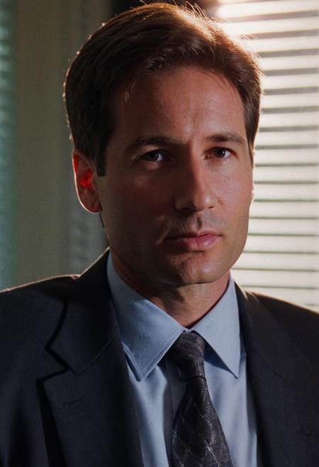 Mulder man, office, back light, blinds, highly detailed, 4K, (grainy 35mm photo)