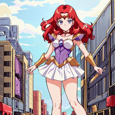 Scarlet_Ohara, 1girl, solo,blue eyes,jewelry, red hair, choker, miniskirt, white skirt,armor, high heels, white skirt, shoulder armor, pauldrons, purple thighlet, forehead,gold guntlet,gold tiara