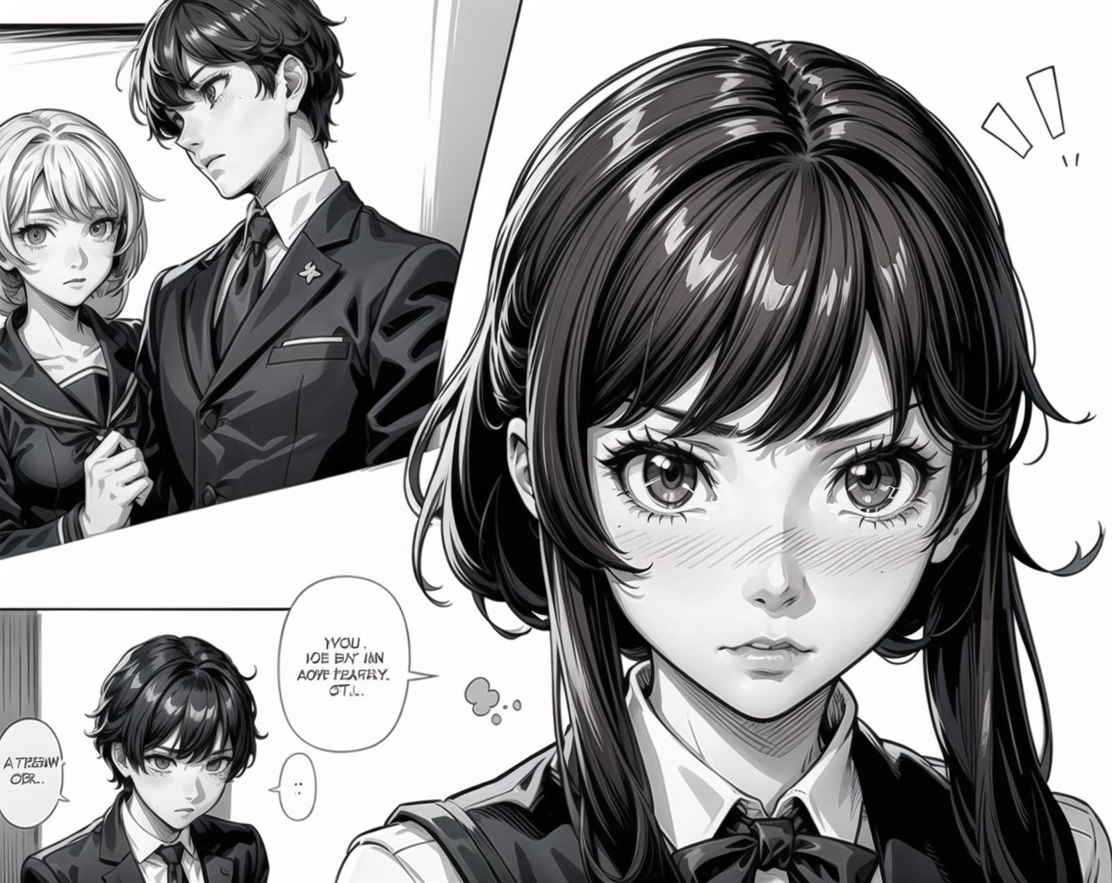 A manga comic featuring a girl with a bow in her hair and a man in a suit.