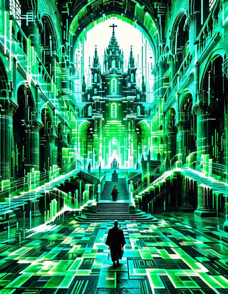 an ancient cathedral floating in a void, formed entirely from glitched architecture and warped text data, impossible staircases lead nowhere, floating monk figures loop in frozen motion, dripping green light illuminates the unreal scene, matrix-code stained glass, holy digital surrealism
<lora:SDXL\aidmaGlitchStyle-v0.1.safetensors:0.7>