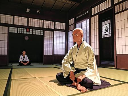 masterpiece, best quality, ultra-detailed, illustration,
DOJO,  2boys, japanese clothes, dougi, male focus, black hair, kimono, barefoot, sliding doors, indoors, holding, sitting, bald, tatami, east asian architecture, sword, shouji, long sleeves, architecture, wide shot, 
 <lora:DOJO:0.6>