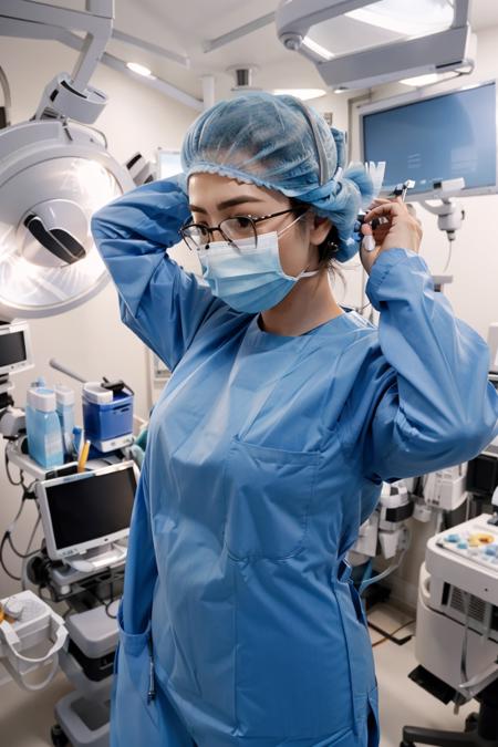 (RAW photo, best quality), operating room, overhead surgical light,blurred background, focused, dithering,backlighting,upper body,
<lora:Aya Miiko_3dCG_V3.0:0.4> (aya miiko, 3dcg03, 1girl, solo, redeyes, blue hair,glasses),
 <lora:concept_surgery_pose_tie_up_mask_v1_1:0.8> two hands before head, tie_up_mask,surgical outfit, surgical mask, long sleeves,surgical outfit, long sleeves,surgical cap