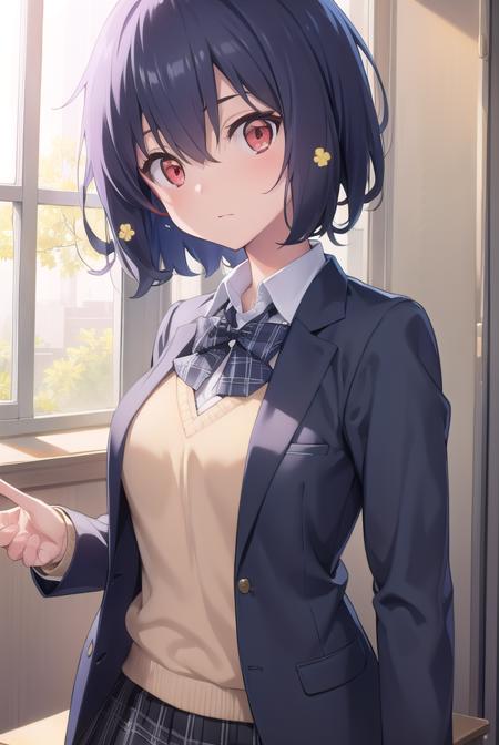 aimizuno, <lyco:aimizuno-lyco-nochekaiser:1>,
ai mizuno, black hair, hair between eyes, (red eyes:1.5), short hair,
BREAK black jacket, black legwear, black neckwear, black skirt, blazer, brown footwear, collared shirt, flower, hair flower, hair ornament, jacket, loafers, long sleeves, miniskirt, open clothes, open jacket, plaid, plaid neckwear, plaid skirt, pleated skirt, school uniform, shirt, shoes, skirt, sweater, white shirt, wing collar, yellow flower, yellow sweater
BREAK looking at viewer, full body,
BREAK indoors, classroom,
BREAK <lyco:GoodHands-beta2:1>, (masterpiece:1.2), best quality, high resolution, unity 8k wallpaper, (illustration:0.8), (beautiful detailed eyes:1.6), extremely detailed face, perfect lighting, extremely detailed CG, (perfect hands, perfect anatomy),