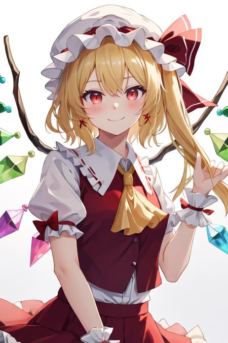 best quality, masterpiece, highres, solo, {flandre_scarlet_touhou:1.15}, blonde_hair, wings, red_eyes, crystal, bangs, hat, one_side_up, ribbon, mob_cap, bow, blush, smile, vest, white_headwear, red_vest, ascot, hair_between_eyes, red_bow, red_ribbon, upper_body, hat_ribbon, yellow_ascot, short_hair, 1girl, looking_at_viewer, puffy_short_sleeves, puffy_sleeves, red_skirt, shirt, short_sleeves, simple_background, skirt, skirt_set, white_background, white_shirt, frills, long_hair, wrist_cuffs, closed_mouth, frilled_shirt_collar