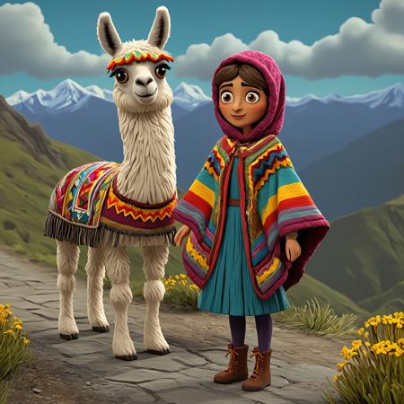 <lora:novuschroma51 style_c:1.3>, novuschroma51 style,  claymation,  BREAK, girl and a llama , together,  girl1, wearing a montera, poncho, ojatas, lliklla, colorful blouse,  embroidered jacket,  llama, brown fur, colorful blanket,  daytime, clouds, mountains,  gray, rocky, winding path,  vivid colors, high-res, beautiful aesthetic, very intricate, high-quality details, vibrant, highly detailed, pose,