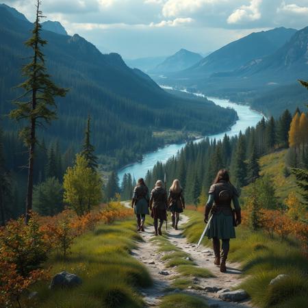 a group of female warriors travel a wide valley path through woodland, a broad river runs alongside the path, distant rivers, distant mountains, wilderness, dungeons and dragons, medieval, real photo, 4k, vibrant colours