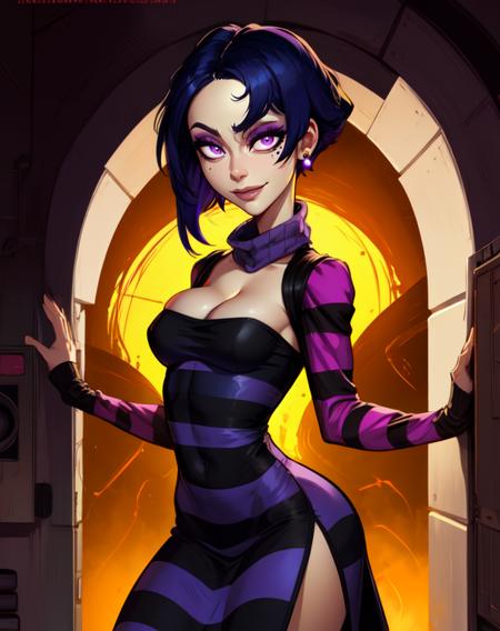 TakHuman, short blue hair, small earrings, purple eyes, mole under eye, evil smile, 
standing,  cleavage,  cowboy shot,  
striped dress with logo, turtleneck, pelvic curtain, 
 purple lighting, lab tech,
(insanely detailed, beautiful detailed face,beautiful detailed eyes, masterpiece, best quality) 
 <lora:TakHuman-10v6:0.9>