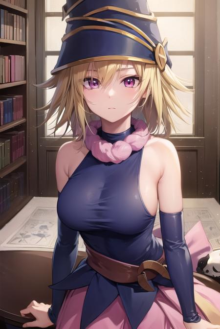 gagaga girl, blonde hair, (pink eyes:1.3), short hair, boots, chain, detached sleeves, duel monster, hat, skirt, skull, witch hat, wizard hat, bare shoulders,