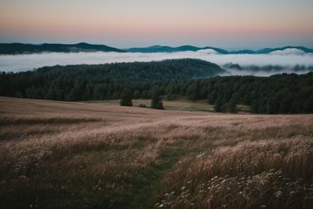 raw photo, a sunset landscape, Carpathian mountains valley temperate forests, Poland forest,  cozy, photorealistic, high detailed texture, 8k uhd, dslr, soft lighting, high quality, film grain, Fujifilm XT3, Sony A7 IV, highly detailed photography, (muted colors, cinematic, dim colors, soothing tones:1.2), vibrant, insanely detailed, hyperdetailed, (dark shot:1.2), (vsco:0.3), (intricate details:0.9), (hdr, hyperdetailed:1.2) (highest coherency: 1.39) (highest quality: 1.39) (rule of Thirds) (award winning) (breathtaking) (masterclass) (vibrant color: 0.79) (foggy: 1.29) (distant ruined chapel distant hillside)