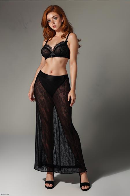 l0ngl4c3, grey background, black lace bra, long black lace skirt, see-through