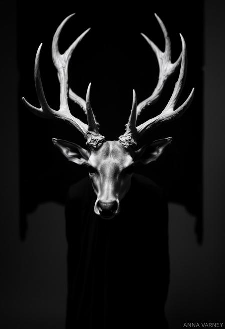 Anna Varney Cantodea, deer antlers, Sopor Aeternus and the Ensemble of Shadows, studio photography style, top hard light, black and white vintage photography, gothic, doom, mysterious, dark
