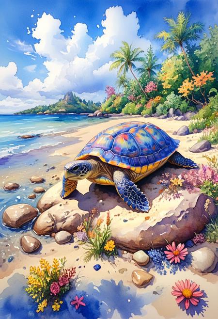 a turtle in the sunshine on a rock strewn sandy beach as the tide washes gently on the shoreline.  Exotic trees and colourful foliage and wildflowers back onto the beach. clear blue skies with wispy cirrus cloud . ArsMJStyle, Watercolor