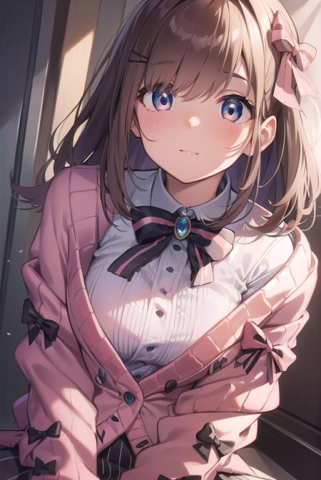lulu suzuhara, blue eyes, brown hair, hair ornament, hair over one eye, hair ribbon, hat, beret, boots, bow, bowtie, brooch, buttons, cardigan, frills, jewelry, pantyhose, ribbon, skirt, striped, striped pantyhose, striped skirt, vertical stripes, vertical-striped pantyhose, virtual youtuber,  (pink cardigan:1.5),