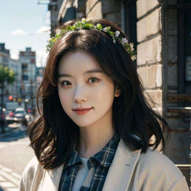 hyojoo, 1girl, a young woman, upper body, (looking at viewer:1.3), (schoolgirl jacket), (flower crown), (beautiful city, b...