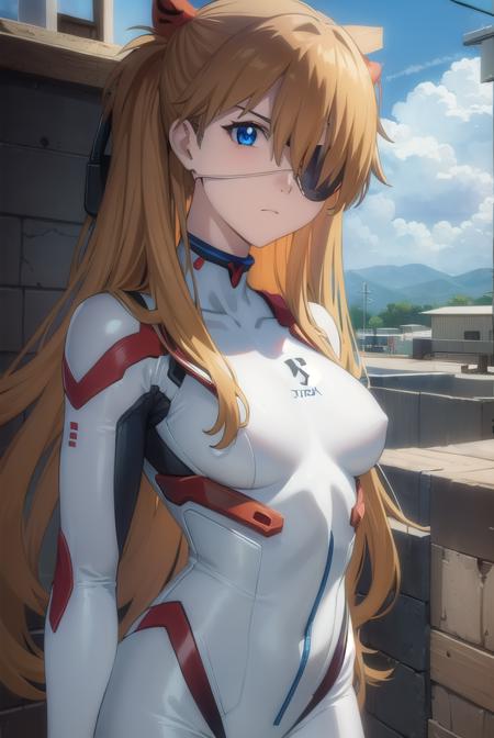 asukalangley, <lyco:asuka langley soryu rebuild-lyco-nochekaiser:1>, 
asuka langley soryu, (souryuu asuka langley:1.2), long hair, bangs, blue eyes, brown hair,
BREAK (eyepatch:1.5), bodysuit, pilot suit, plugsuit, (white bodysuit:1.5), interface headset,
BREAK outdoors, city, sky, cloud, sun,
BREAK looking at viewer, (cowboy shot:1.5),
BREAK <lyco:GoodHands-beta2:1>, (masterpiece:1.2), best quality, high resolution, unity 8k wallpaper, (illustration:0.8), (beautiful detailed eyes:1.6), extremely detailed face, perfect lighting, extremely detailed CG, (perfect hands, perfect anatomy),