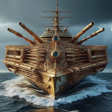 raw photograph of a massive warship in qu4ntum style, its hull constructed of interlocking brass plates, glowing golden circuitry weaving along its surface like veins, with silver-wired cannons powered by glowing energy reactors, floating above a stormy retro-futuristic ocean with glowing waves