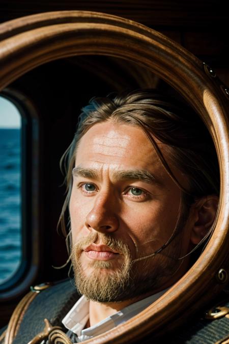 a man in a viking ship <lora:ch4rl13hunn4m:1>, looking out to sea, RAW, 8K, UHD, highly detailed face