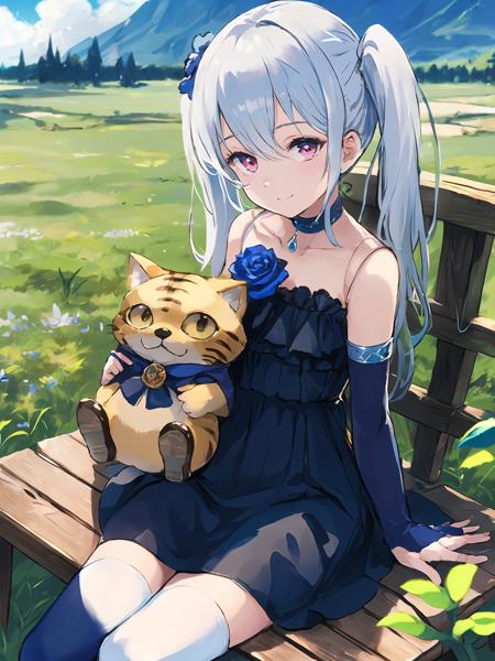 masterpiece,best quality,highres,cinematic lighting,dramatic angle,<lora:OrchisV2-000038:0.8>,1girl,silver hair,twintails,smile,doll joints,black dress,bare shoulders,choker,blue rose,black thighhighs,detached sleeves,elbow gloves,ring,holding cat stuffed toy,grass,sitting,wooden bench,petal,blue sky,depth of field,portrait,looking at viewer