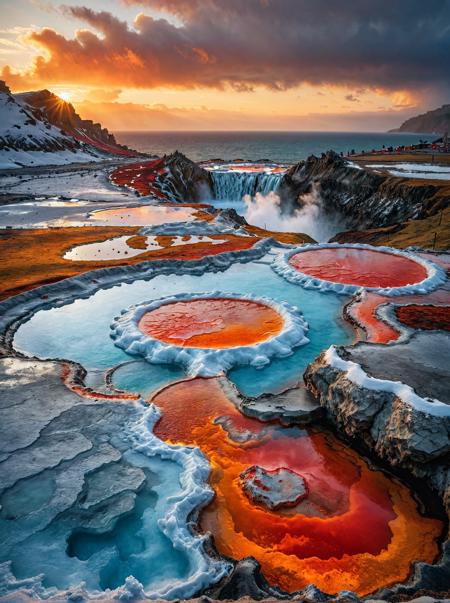 Breathtaking photography. A field of geothermal springs. Sunrise with vibrant, fiery colors. A decorative, frozen fountain in foreground.  Cliffside view overlooking a stormy sea  in background. Award-winning, professional, highly detailed.  <lora:MJ52:0.5> <lora:RMSDXL_Darkness_Cinema:1> (HDR (High Dynamic Range), vibrant colors, high contrast, detailed, UltraHD, 8K, cinematic, 80mm, high detail)
