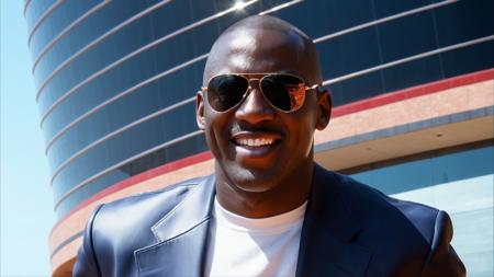 painting portrait of michael jordan wearing sunglasses, bright sunshine, (((standing in front of the united center in chicago:1.8))), smoking cigar, (((lacing up his air jordan shoes:1.8))),  american legend, best of all time, timeless, (full body shot:1.5), sharp focus, trending on ArtStation, lifelike, insanely high detail, masterpiece, by Greg Rutkowski, by Ross Tran, by Fenghua Zhong, octane, clear eyes, soft render, clear facial features, oil on canvas, moody lighting, cinematic, professional environment concept art