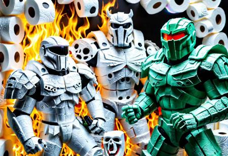 halo masterchief and doom guy fighting demons out of hell <lora:ral-toiletpaper-sdxl:1> made of ral-toiletpaper