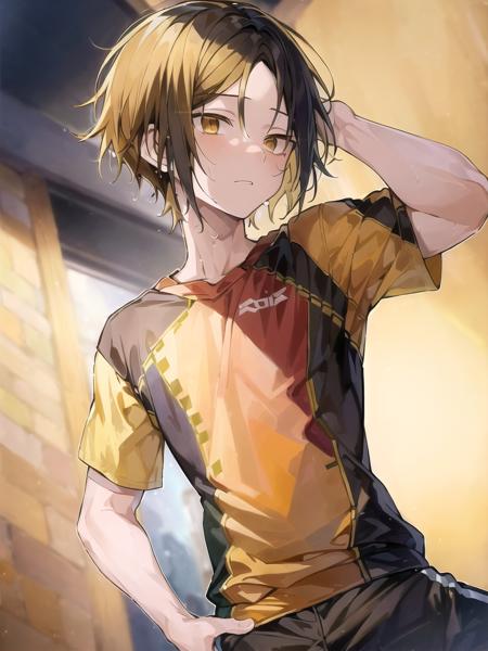 ((fully clothed))<lora:KenmaKozume:0.65> ,high res, masterpiece,Kenma Kozume, ((1boy,)) ((1man)), black_hair (blonde_hair) looking_to_the_side male_focus multicolored_hair short_hair solo sportswear sweat sweatdrop twitter_username tying_hair upper_body volleyball_uniform  yellow_eyes, detailed background, bright