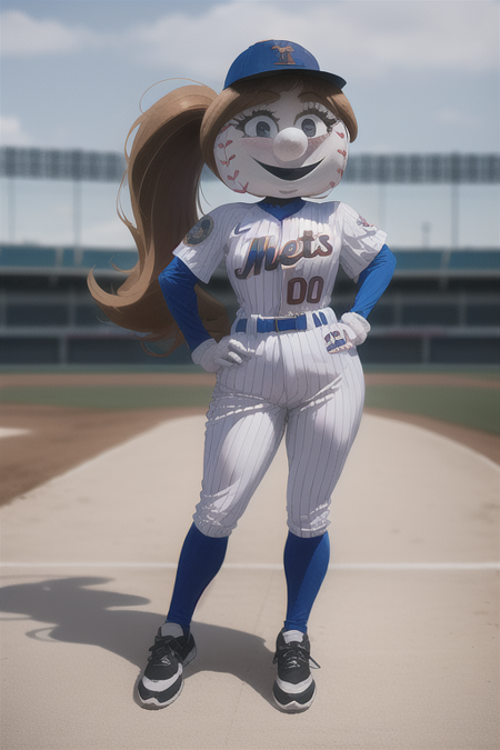 ponytail hair white skin white body baseball uniform Mrs.Met brown hair blue baseball cap baseball head blue leggings blue arm sleeves white gloves