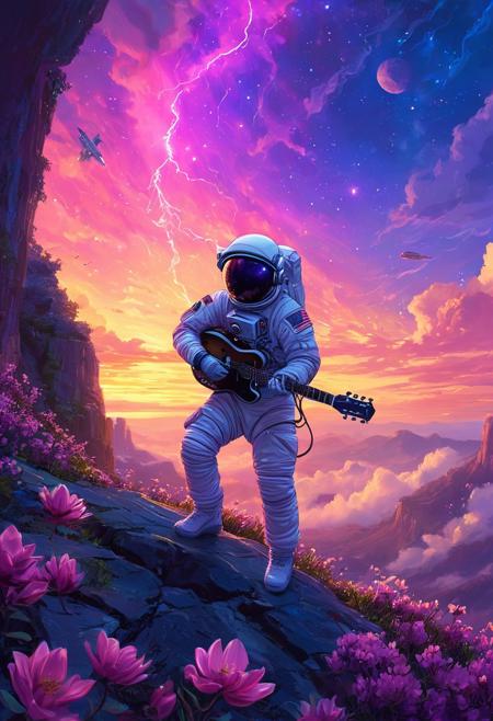 DB4RZ style painting, passengers gazing in awe, vast sky with swirling galaxies, cosmic colors (purples, blues, pinks), dramatic lighting, mystical atmosphere (astronaut plays guitar)　Iridescence-suffused magnolia blossoms, dynamically rendered, impasto technique. Cerulean backdrop. Emphasize coruscating petals, luminous black, lavenders. Dynamic three-quarter shot. Focus: interplay of light and texture. Granular details: visible brushstrokes, subtle color gradations within petals. Intensify luminosity, add depth to background with diaphanous clouds. No discernable camera details beyond perspective.A cinematic shot of an astronaut in a vibrant white spacesuit standing in the foreground, with a massive, intricate space station or spacecraft as the backdrop. The space station is adorned with numerous lights, windows, and technical details. The astronaut's suit is equipped with various gadgets and patches. The scene is captured at an upward angle, emphasizing the towering height of the staircase and the dynamic motion of the character. In the background, a breathtaking view unfolds: a sprawling valley shrouded in mist, with distant ruins and cascading waterfalls glowing in the soft light of a crimson sunset. Overhead, dark storm clouds roll in, adding drama to the scene, while faint bolts of lightning flicker in the distance, illuminating the explorer's silhouette.